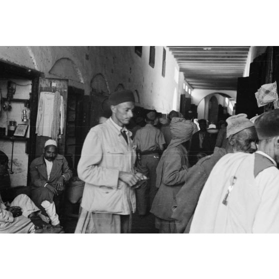 En Libye, les reporters de la 7e compagnie de propagande de l'armée de l'air allemande (Luftwaffe Kriegsberichter Kompanie 7) visitent le souk de Derna.