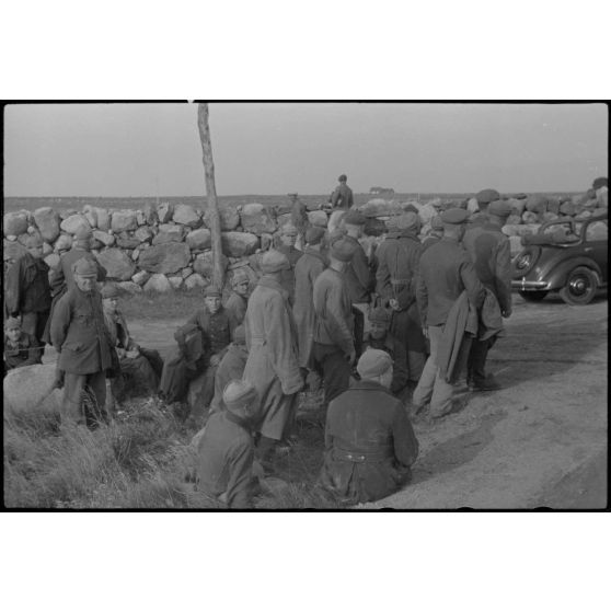 En Norvège, à proximité du terrain d'aviation de Banak, des prisonniers soviétiques lors de manoeuvres communes entre l'armée de terre allemande et le 8./LLG 1 (Lulftlandegeschwader 1).