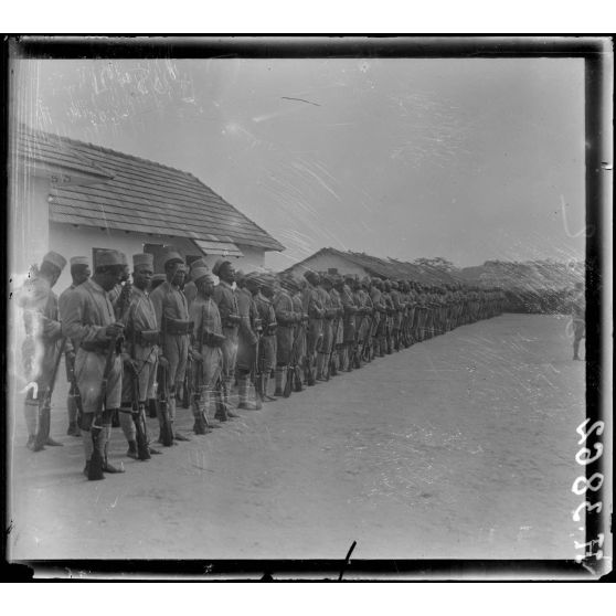 [Tirailleurs alignés devant un bâtiment.]