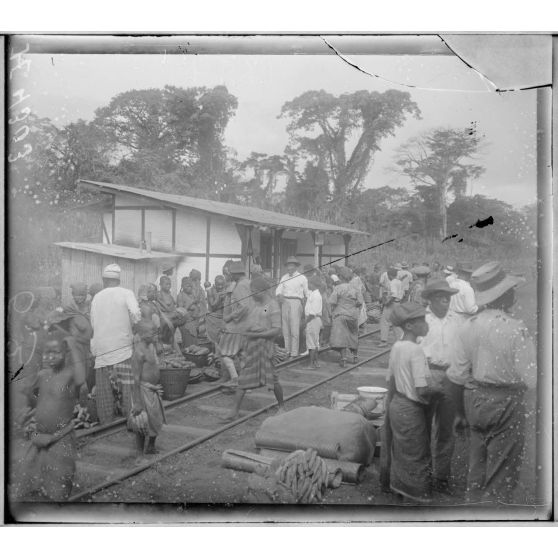 Manjo. Arrivée d'un train en gare. [légende d'origine]