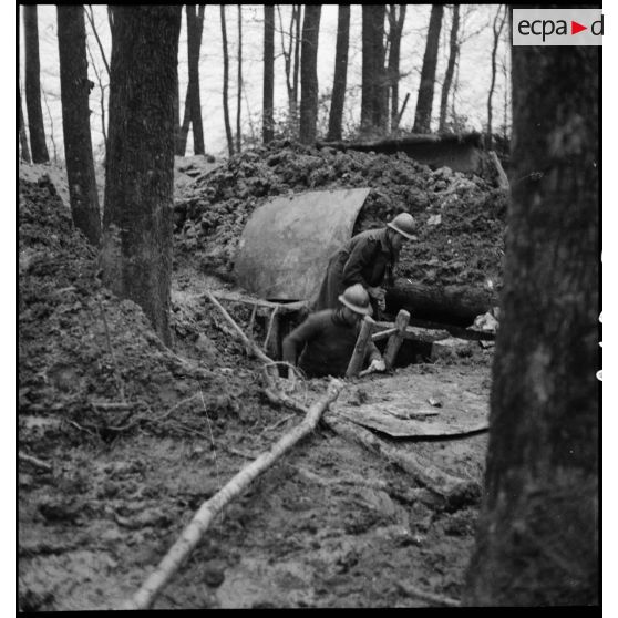 Des soldats de la 4e armée aménagent une tranchée dans un bois.