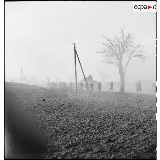 Colonne de fantassins appuyés par les blindés de la 5e DB monte en ligne dans le secteur de Dannemarie.