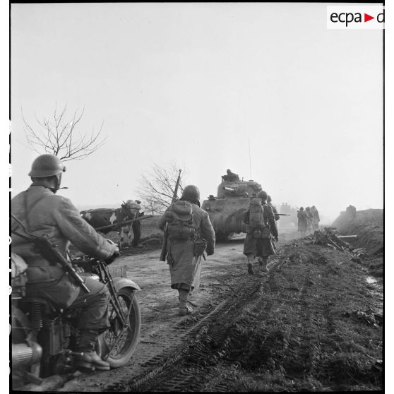 Colonne de fantassins appuyés par les blindés de la 5e DB monte en ligne dans le secteur de Dannemarie.