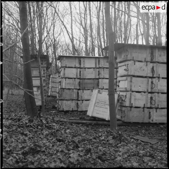 Plan moyen de caisses de munitions stockées dans un bois près du village d'Audigny.