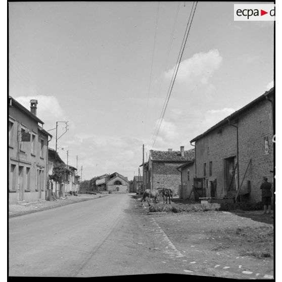 Près de la ligne de front, dans le secteur de la 2e armée, plan général d'une rue déserte d'un village évacué.
