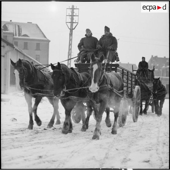 Des soldats de la 3e armée conduisent une voiture hippomobile.