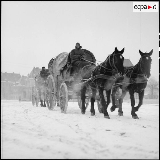 Des soldats de la 3e armée conduisent une voiture hippomobile.