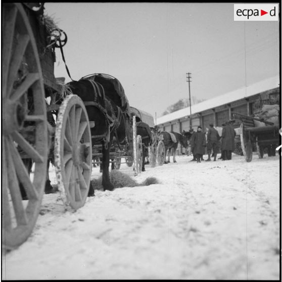 Des soldats de la 3e armée conduisent une voiture hippomobile.
