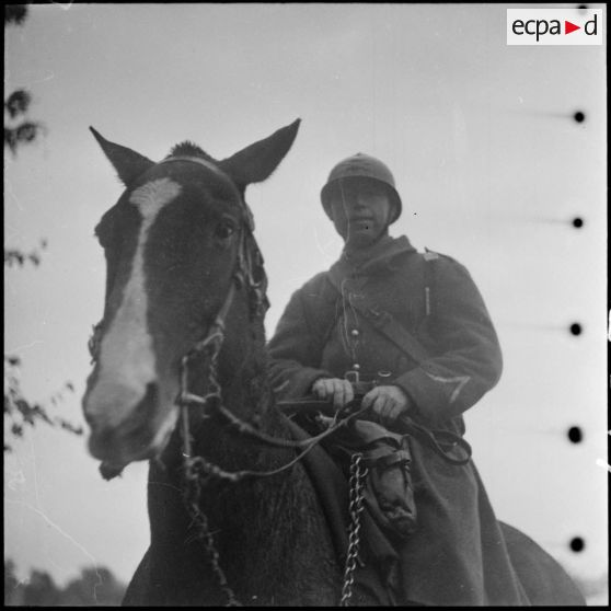Vue en contre-plongée d'un sous-officier d'une unité d'artillerie de la 42e DI et de sa monture.
