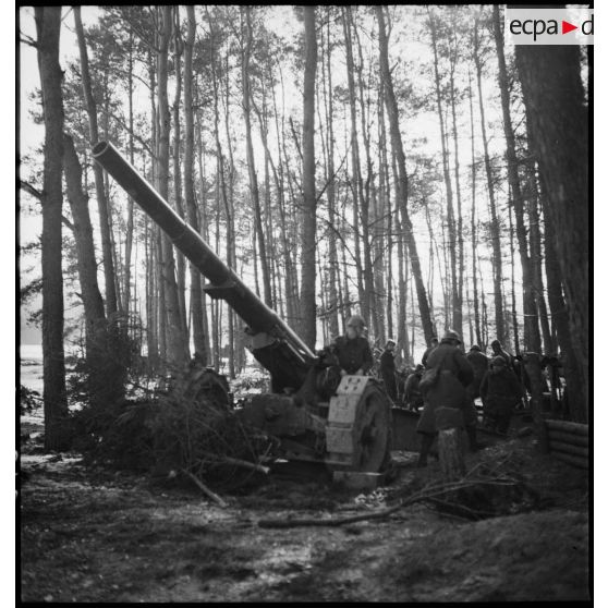 Une pièce de 155 mm GPF de la 5e armée de trois quarts avant, mise en batterie à la lisère d'un bois en Alsace.
