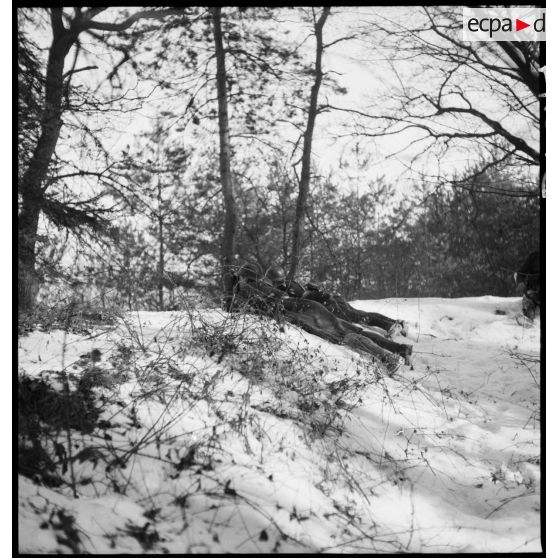 Des soldats de la 5e armée en patrouille sont postés dans un fossé enneigé d'un bois.