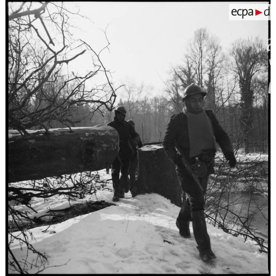 Des soldats de la 5e armée marchent en patrouille dans un bois enneigé.