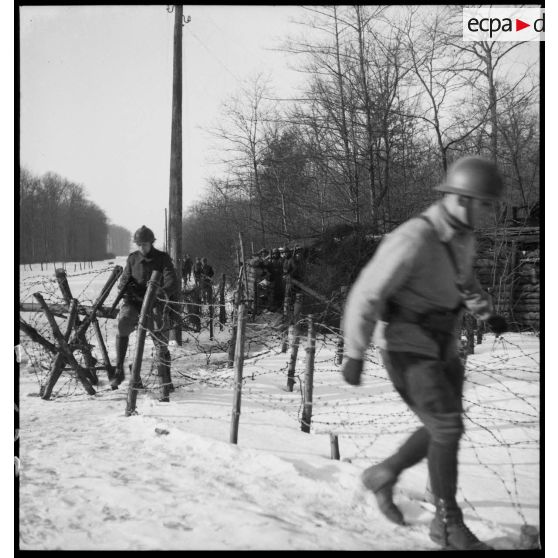 Des soldats de la 5e armée marchent en patrouille dans un bois enneigé.