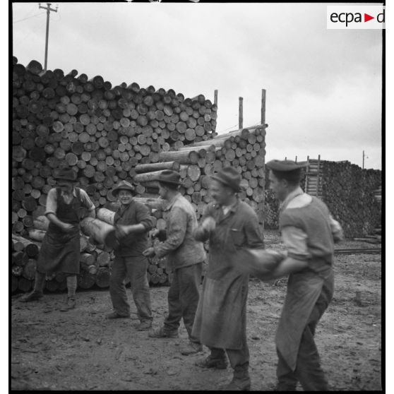 Des dockers manipulent des bûches de bois sur un quai du port fluvial de Strasbourg.