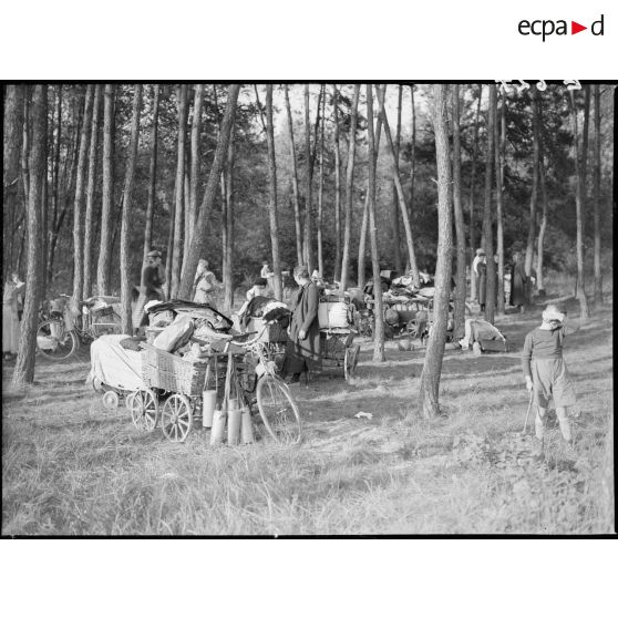 Un groupe de réfugiés fait une halte dans un bois du Bas-Rhin, secteur de la 5e armée.