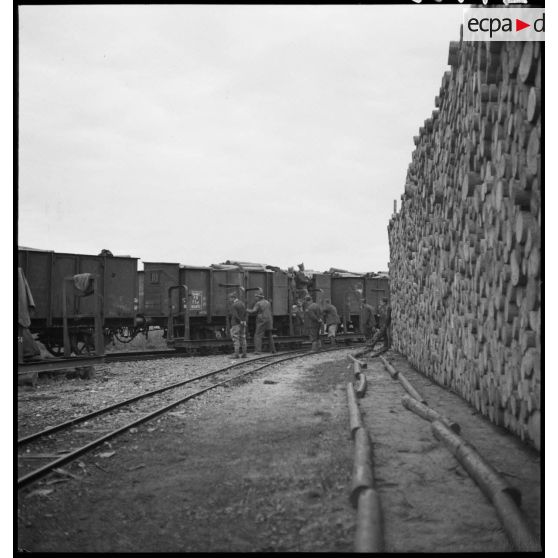 A Strasbourg, sur les quais du port fluvial  des dockers chargent du bois dans des wagons.
