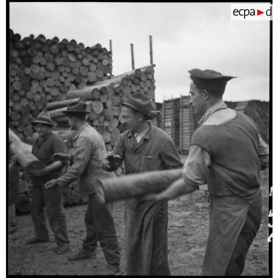 A Strasbourg, sur les quais du port fluvial  des dockers chargent du bois dans des wagons.