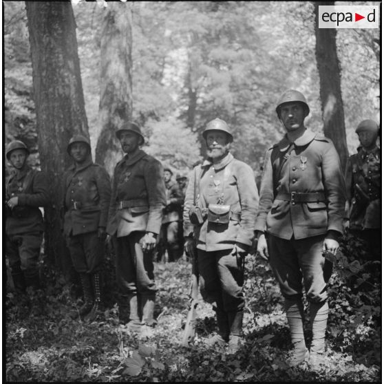Des soldats de la 7e armée sont alignés au garde-à-vous dans une forêt.