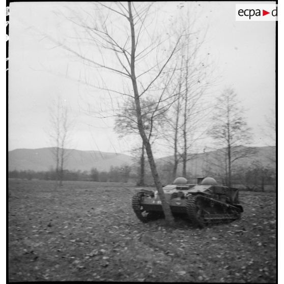 Chenillette Renault à l'arrêt dans un terrain de campagne.