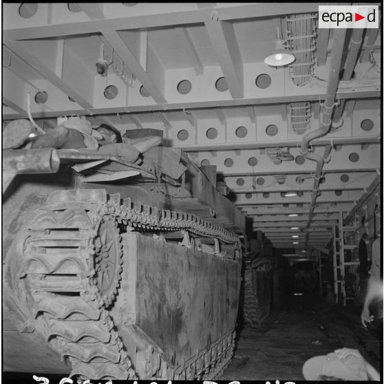 32 LVT-4  (Landing Vehicle Tank) dans la coque du LST (Landing Ship Tank)  "Golo". [description provisoire]