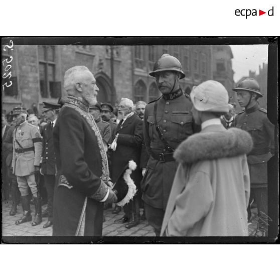 Bruges, Belgique. Rentrée du roi et de la reine des Belges. Le bourgmestre et le gouverneur prennent congé du roi. [légende d'origine]