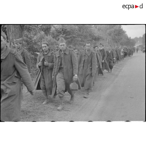 Une colonne de prisonniers avance péniblement.