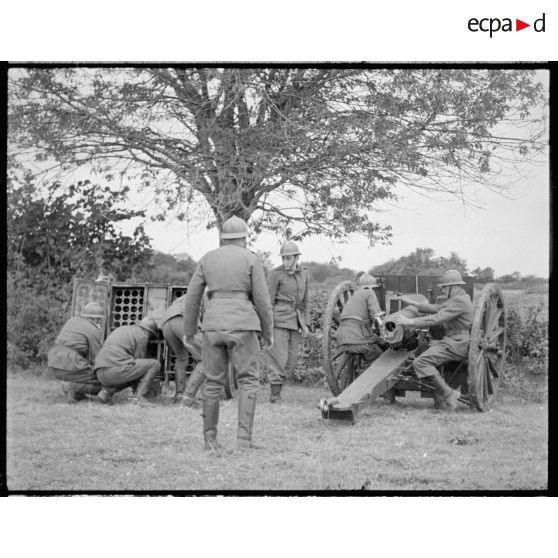 Exercice de mise en batterie d'un canon de 75 mm.
