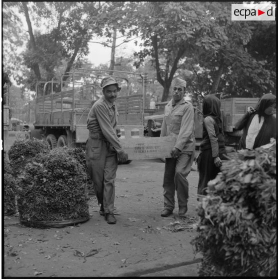 Chargement de légumes, de caisses et de sacs de vivres sur des camions, destinés à ravitailler les troupes au Tonkin.