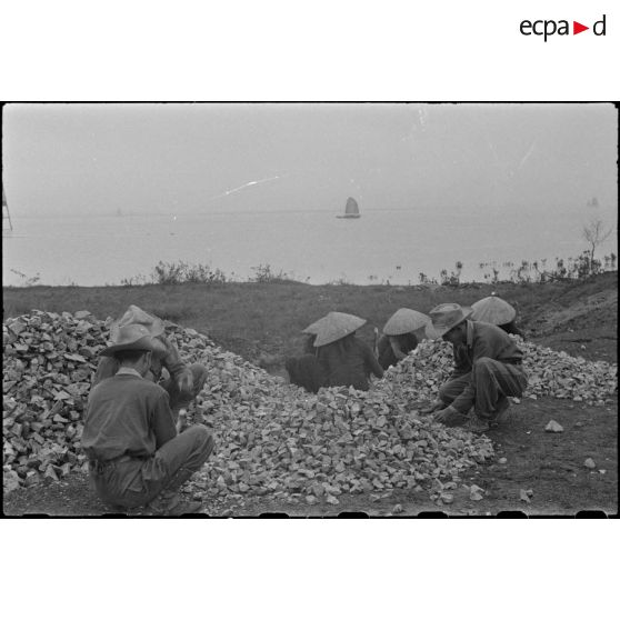 Ouvriers tonkinois cassant des cailloux.
