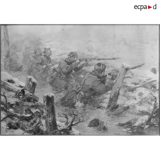 Paris, musée Leblanc. « Fusiliers marins dans les Flandres » par Thiriat. [légende d'origine]