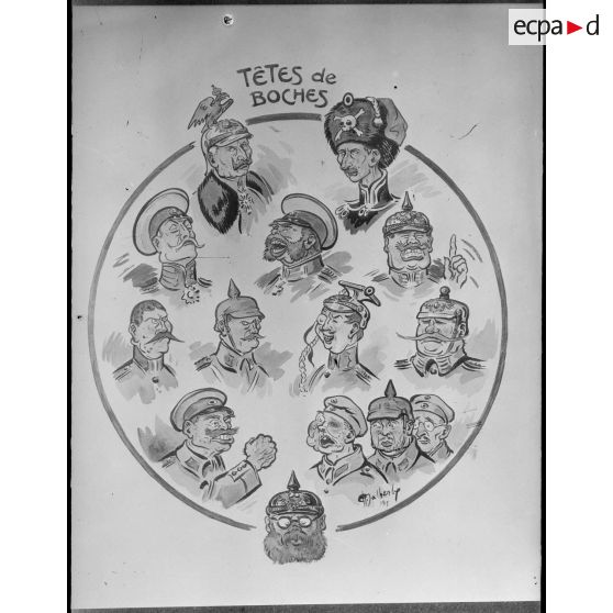 Paris, musée Leblanc.  « Têtes de boches » par Malherbe. [légende d'origine]