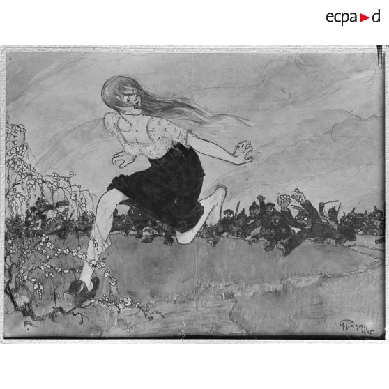 Paris. Musée Leblanc. « La poursuite »,  aquarelle par Gazan. [légende d'origine]