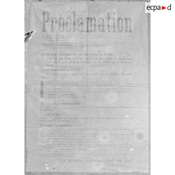 Proclamation du général allemand commandant en chef, affichée à Raon l'Etape et trouvée en septembre 1914. [légende d'origine]