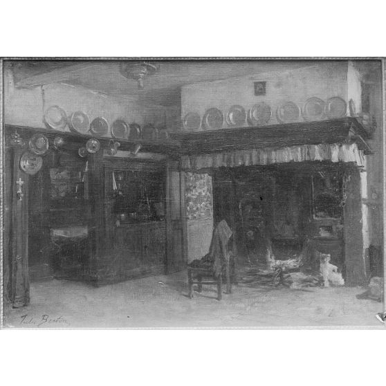 Reproduction de documents pour les Beaux-Arts. / Paris. Galerie de la rue de la Ville-l'Evêque. Concours pour la reconstruction d'habitations rurales dans les départements envahis. Intérieur d'habitation en ? par Jules Broton. [légende d’origine]