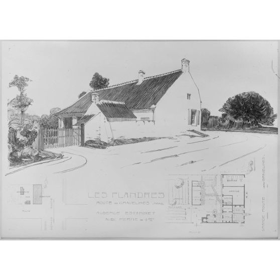 Reproduction de documents pour les Beaux-Arts. / Paris. Galerie de la rue de la Ville-l'Evêque. Concours pour la reconstruction d'habitations rurales, dans les départements envahis. Estaminet avec ferme dans les Flandres. [légende d’origine]