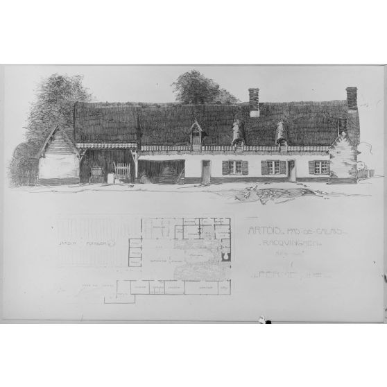 Reproduction de documents pour les Beaux-Arts. / Paris. Galerie de la rue de la Ville-l'Evêque. Concours pour la reconstruction d'habitations rurales dans les départements envahis. Ferme en Artois. [légende d’origine]