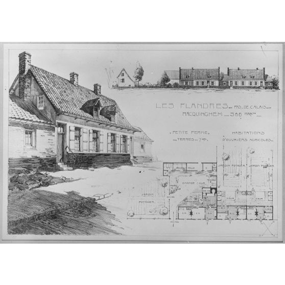 Reproduction de documents pour les Beaux-Arts. / Paris. Galerie de la rue de la Ville-l'Evêque. Concours pour la reconstruction d'habitations rurales, dans les départements envahis. Petite ferme et habitations ouvrières dans les Flandres. [légende d’origine]