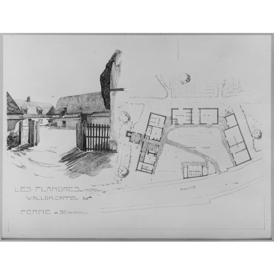 Reproduction de documents pour les Beaux-Arts. / Paris. Galerie de la rue de la Ville-l'Evêque. Concours pour la reconstruction d'habitations rurales dans les départements envahis. Ferme dans les Flandres. [légende d’origine]