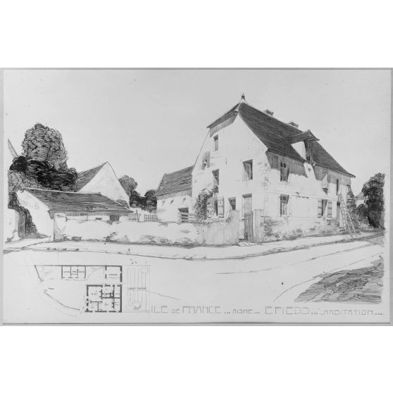 Reproduction de documents pour les Beaux-Arts. / Paris. Galerie de la rue de la Ville-l'Evêque. Concours pour la reconstruction d'habitations rurales, dans les départements envahis. Habitations de l'Ile-de-France. [légende d’origine]