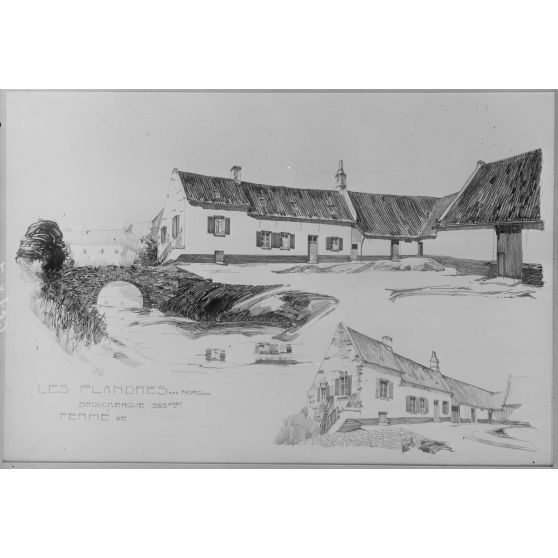 Reproduction de documents pour les Beaux-Arts. / Paris. Galerie de la rue de la Ville-l'Evêque. Concours pour la reconstruction d'habitations rurales, dans les départements envahis. Fermes dans les Flandres. [légende d’origine]