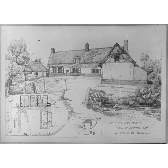 Reproduction de documents pour les Beaux-Arts. / Paris. Galerie de la rue de la Ville-l'Evêque. Concours pour la reconstruction d'habitations rurales, dans les départements envahis. Fermes dans les Flandres. [légende d’origine]