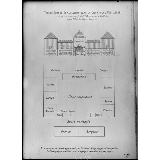 Reproduction de documents pour les Beaux-Arts. / Paris. Galerie de la rue de la Ville-l'Evêque. Concours pour la reconstruction d'habitations rurales, dans les départements envahis. Type de grande exploitation dans la Champagne pouilleuse. [légende d’origine]