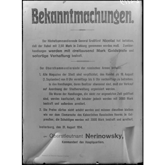 Paris, 6 avenue Malakoff. Musée franco-américain. Affiche allemande. Bekanntmachungen. [légende d’origine]