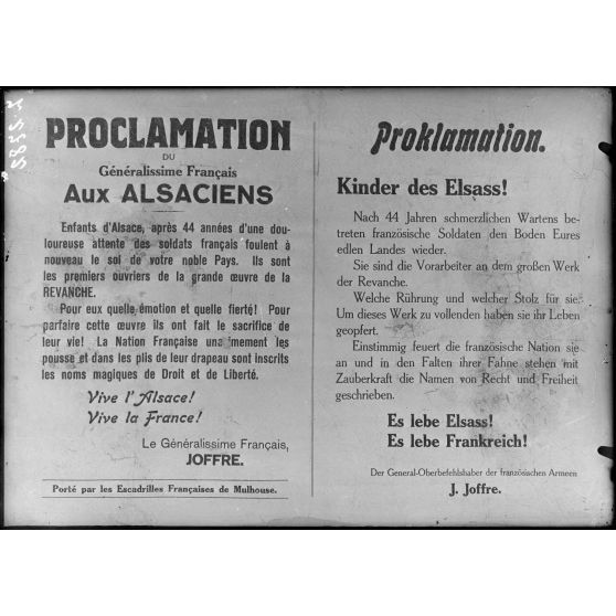 Paris, 6 avenue Malakoff. Musée franco-américain. Affiche française. "Proclamation du Généralissime français aux alsaciens". [légende d'origine]