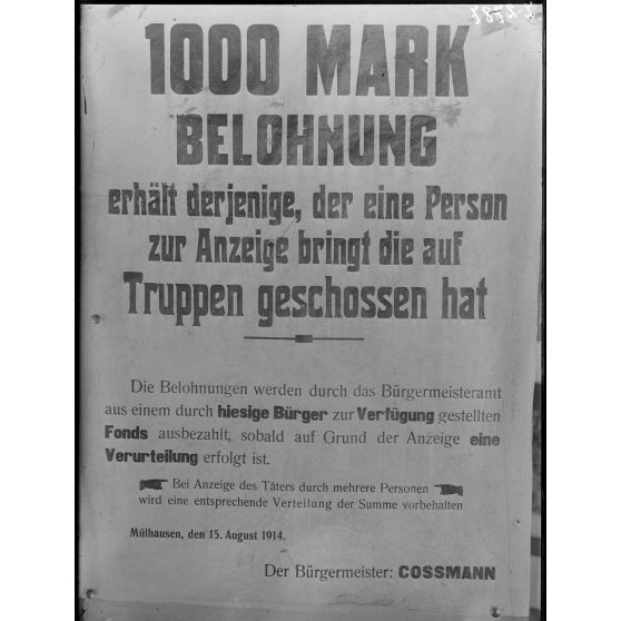 Paris, 6 avenue Malakoff. Musée franco-américain. Affiche allemande. "1000 marks Belhonung". [légende d'origine]