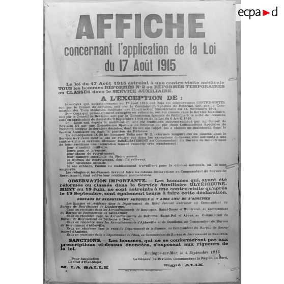 Paris. Musée Leblanc. Affiches. Affiche de la loi Dalbiez à Boulogne-sur-Mer. [légende d’origine]