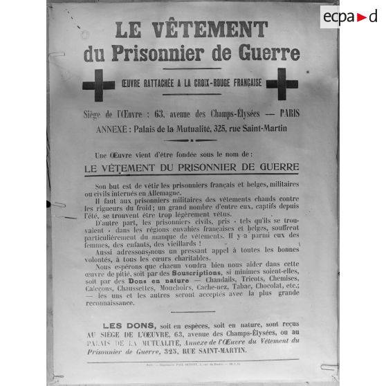 Paris. Musée Leblanc. Affiches. Affiche du Vêtement du prisonnier de guerre. [légende d'origine]