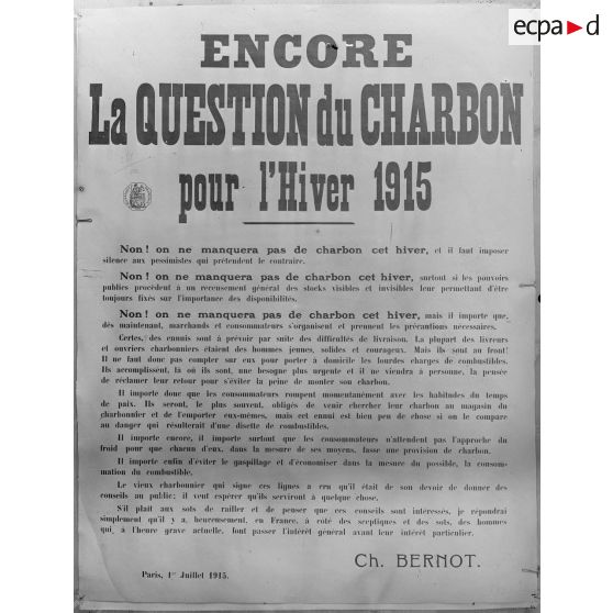 Paris. Musée Leblanc. Affiches. Affiche, le charbon pour 1915. [légende d’origine]