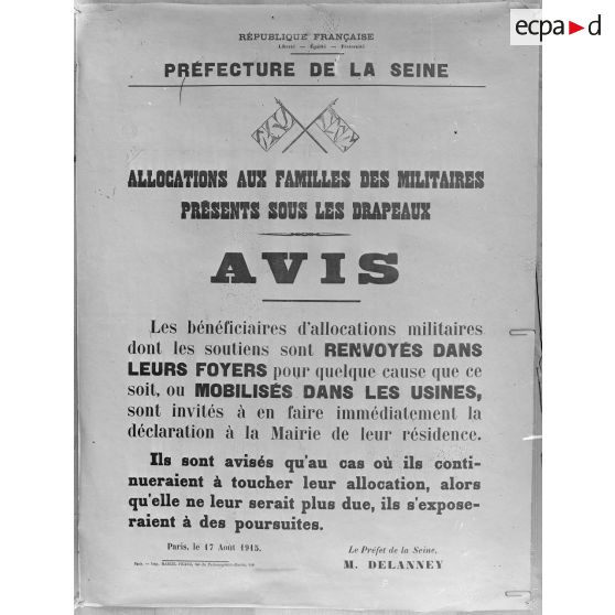 Paris. Musée Leblanc. Affiche, allocations militaires. [légende d’origine]