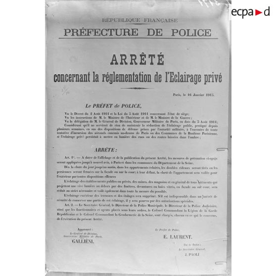 Paris. Musée Leblanc. Affiche. Réglementation de l’éclairage privé. [légende d’origine]